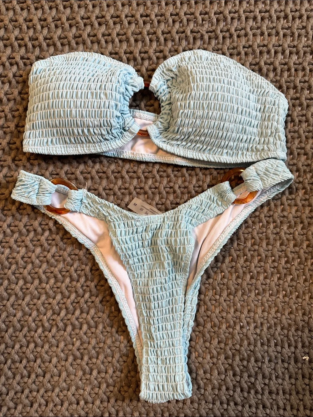 SHEIN Smocked Light Blue Bikini Set with Ring Accents
